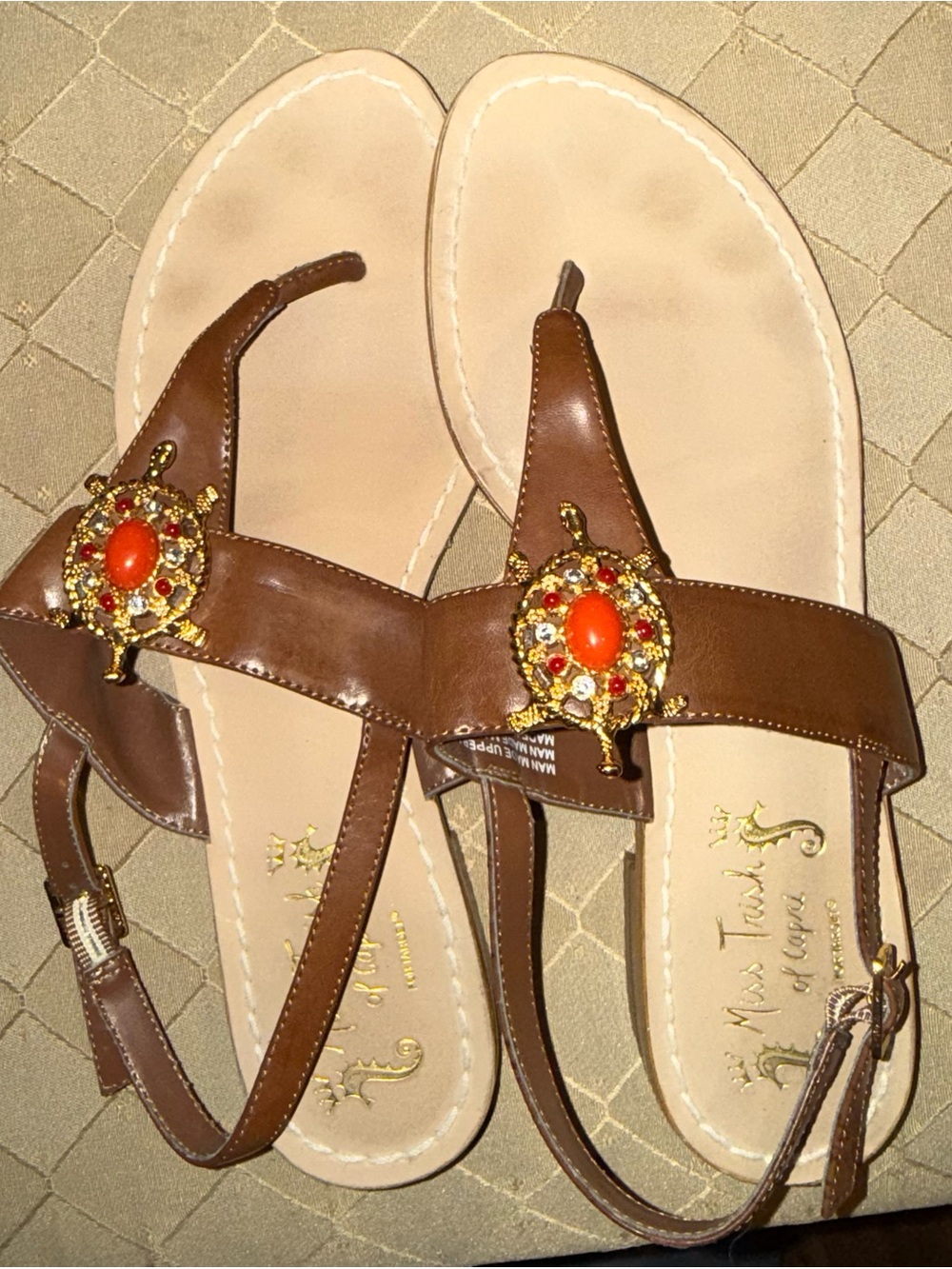 Miss Trish Tan T-Strap Sandal with Gemstone Turtle Decor